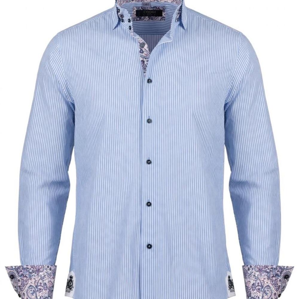 COOGI Luxe Mens XL Blue Stripe Paisley Flip Cuff Shirt Embroidered Crest Y2K